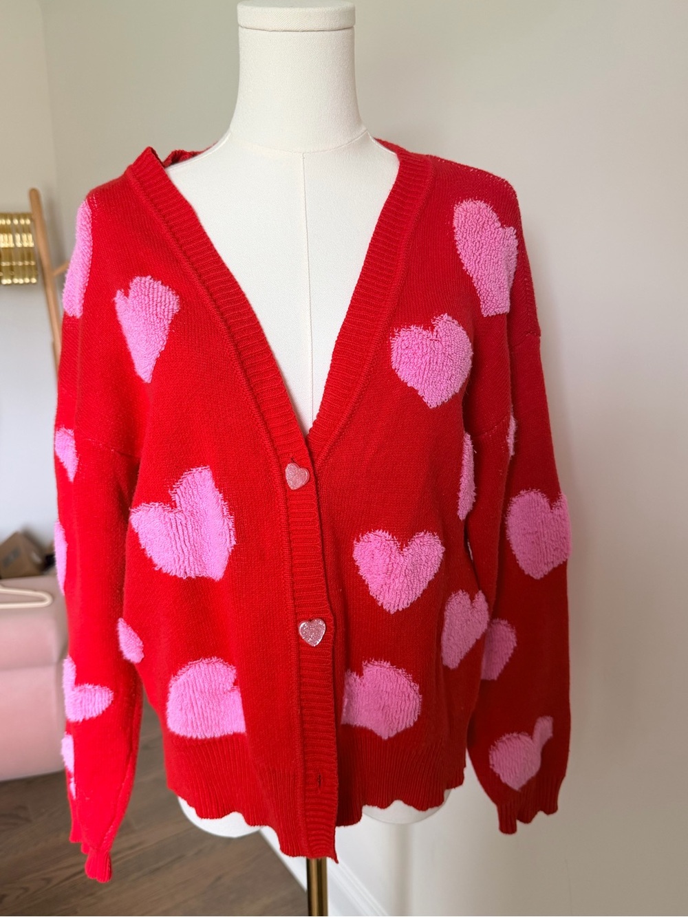 Target Red Heart-Pattern V-Neck Cardigan Sweater - Pink Hearts